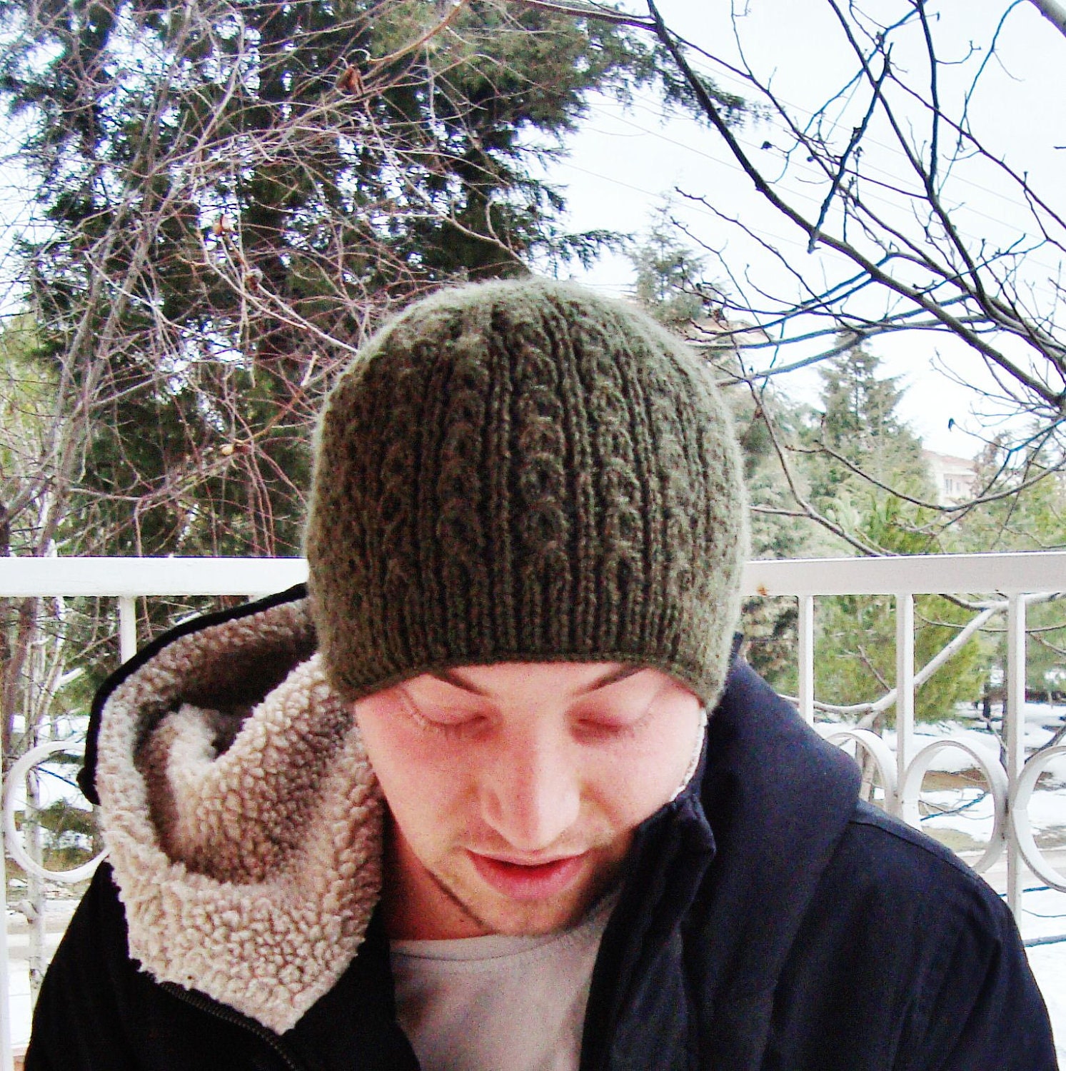 Hand Knit Hat Mens Hat Cable Beanie Hat in Military Green