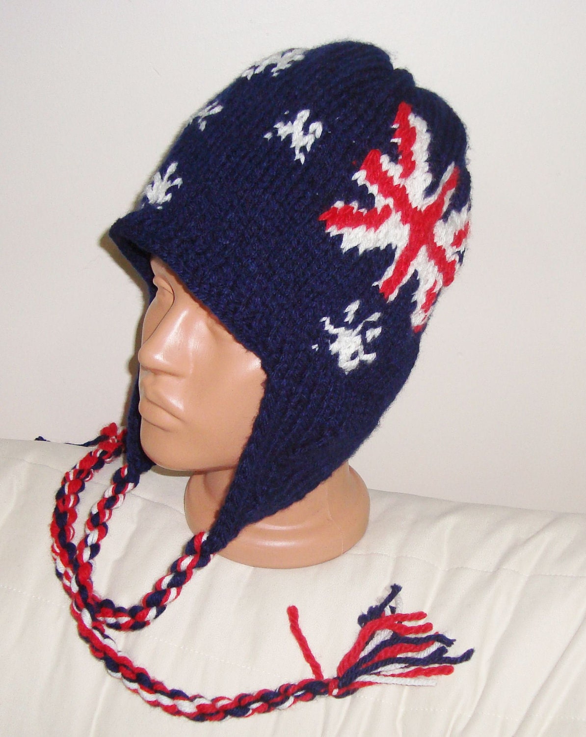 Hand Knitted Hat Mens Hat with Ear Flap  Australia Flag Hat in Blue Red White patriotic Australia Day
