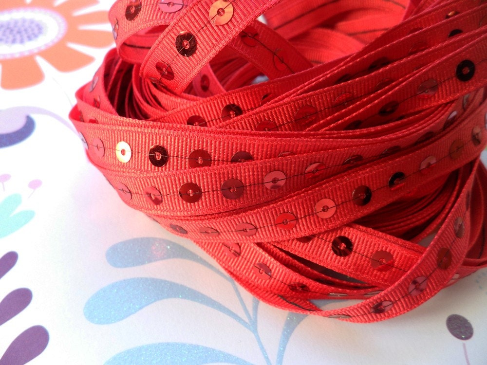 2 Yards- Red Sequin Grosgrain Ribbon- 3/8"