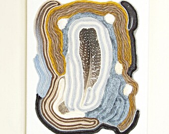 tapestry - textile wall hanging - spotted feather Aztec inspired in white / grey / cream / gold / brown / tan