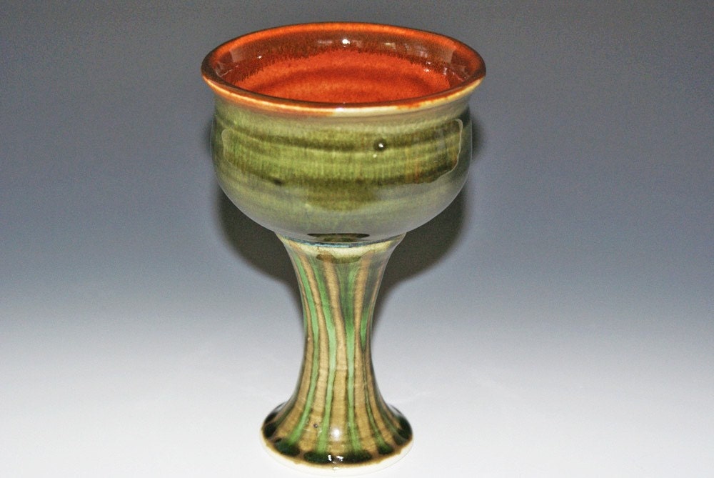 Ceramic Goblet / Chalice / Emerald Green / Burnt Orange