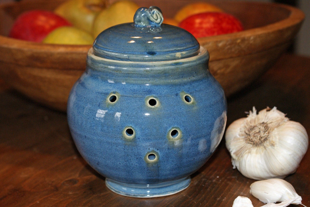 Ceramic Garlic Keeper / Blue with Green Notes