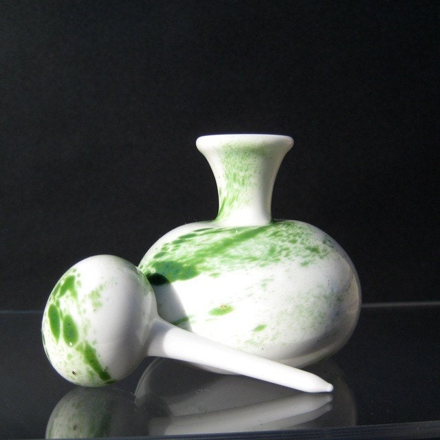 Hand Blown Glass Perfume Bottle in White and Green