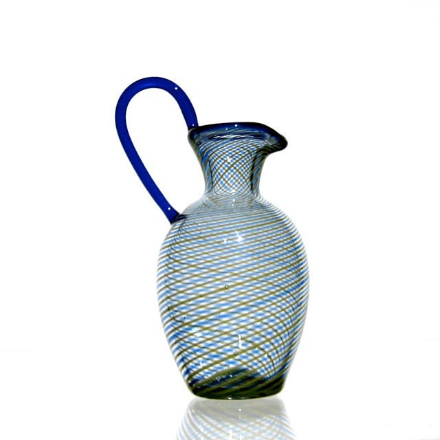 Miniature Pitcher in Blue Stripes, Hand Blown Glass