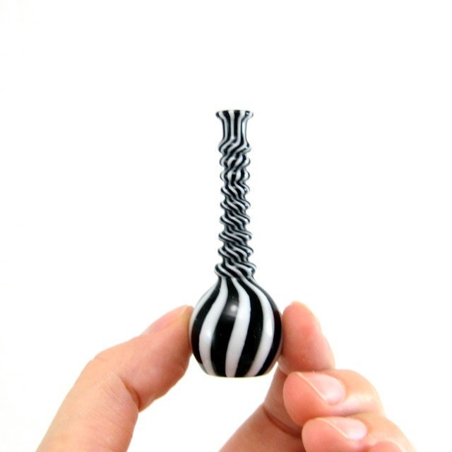 Hand Blown Glass Miniature Vase in White and Black Stripes