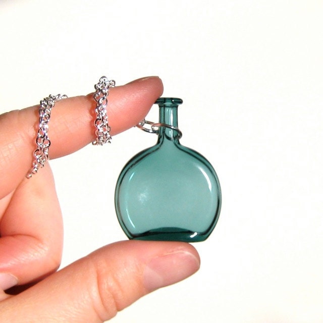 Teal Bottle Necklace, Hand Blown Glass