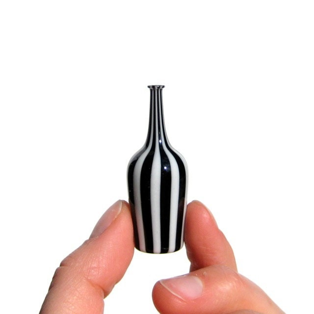 Miniature Bottle in Black and White Stripes, Hand Blown Glass
