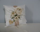 Satin Ring Bearer Pillow Ivory or White You can Customize Colors and Flowers shown with Ivory Ranunculus Champagne Ribbon and Wood Heart Tag