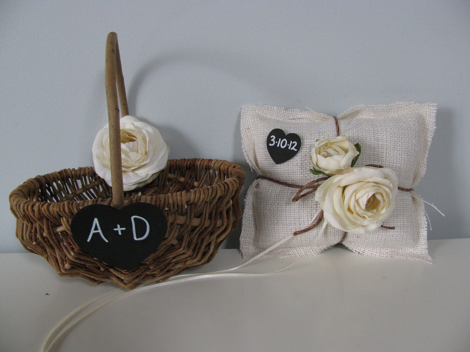 SET OF 2 Wood Twig Flower Girl Basket & Burlap Ring Bearer Pillow Personalized Chalkboard Heart Tag shown with Ivory Ranunculus