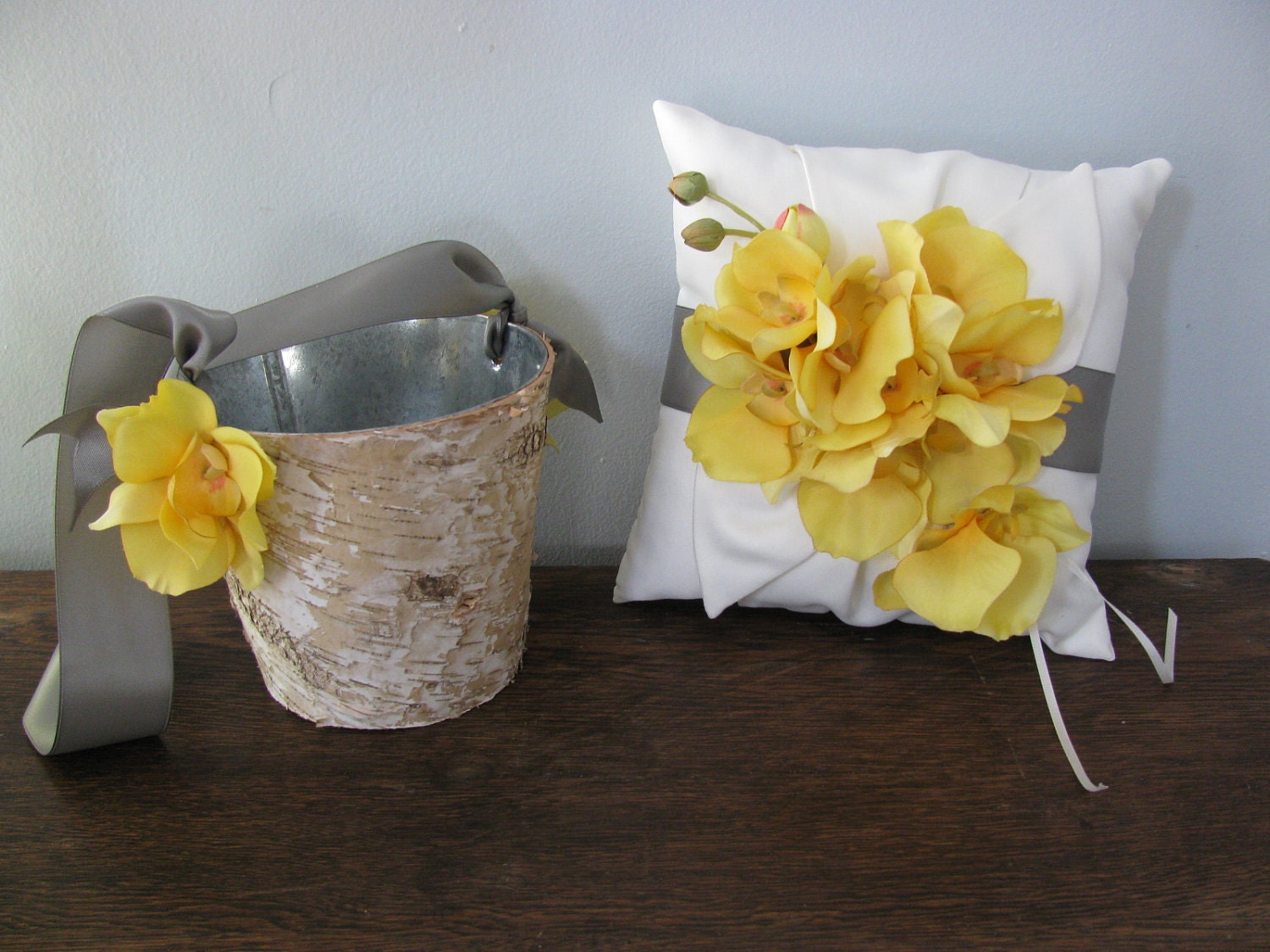 Rustic Tropical Flower Girl Basket and Ring Bearer Pillow SET  Natural Birch Bark shown pewter gray and yellow orchids