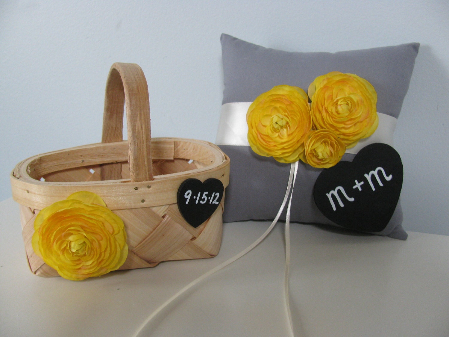 Ring Bearer Pillow and Flower Girl Basket SET Yellow and Gray Wedding You customize Colors and Flowers