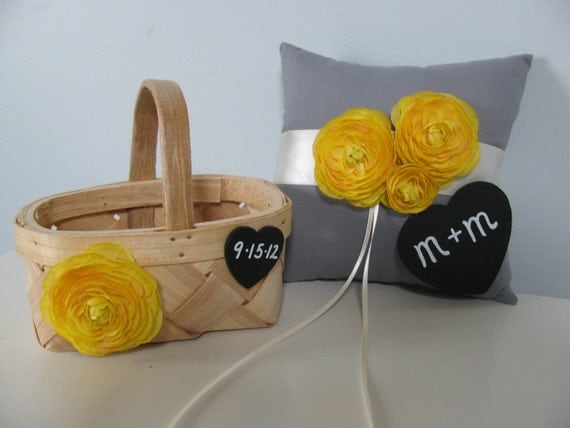 Ring Bearer Pillow and Flower Girl Basket SET Yellow and Gray Wedding You customize Colors and Flowers - astylishdesign