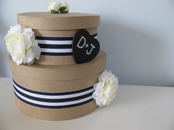Nautical Rustic Wedding Card Box 2 tiered with Chalkboard or Wood Personalized Tag Navy & White Stripe Ribbon with White Roses