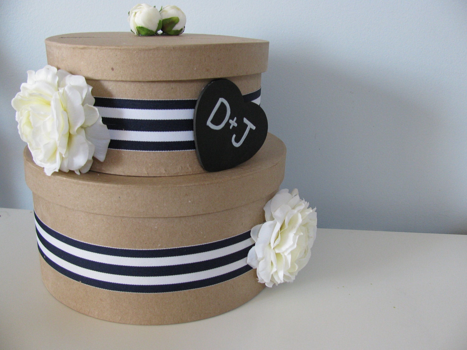 Nautical Rustic Wedding Card Box 2 tiered with Chalkboard or Wood Personalized Tag Navy & White Stripe Ribbon with White Roses