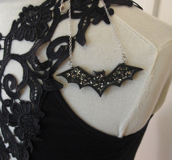 Halloween Bat Necklace - Black and Silver - FireboltCreations