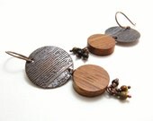 Wood Grain Copper Etched Beaded Earrings Tiger Eye Gemstone Dangles Rustic Earthy Woodland