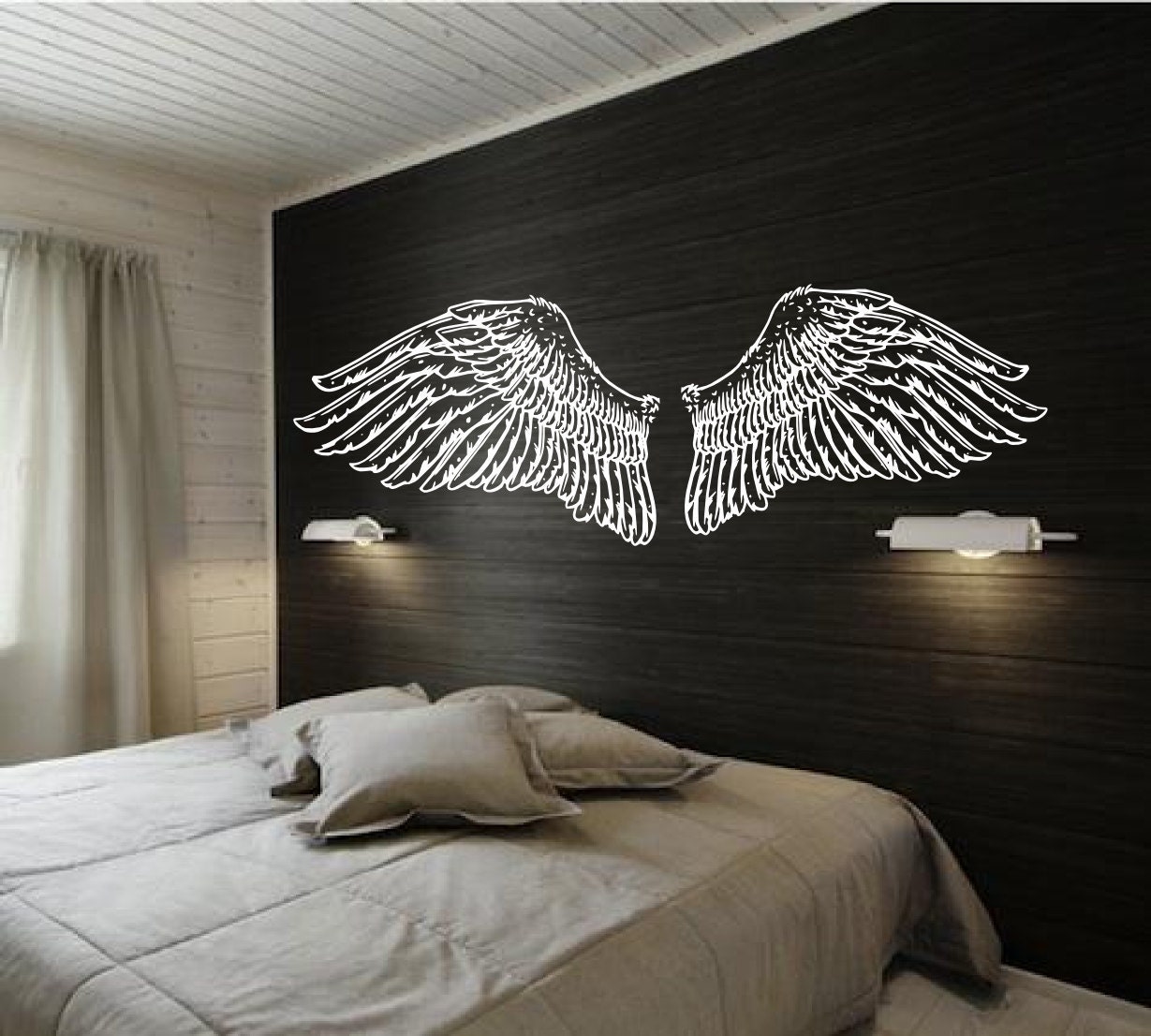 Hand Drawn Angel Wings for Headboard - Vintage Inspired doodle - Vinyl wall art decals by 3rdaveshore
