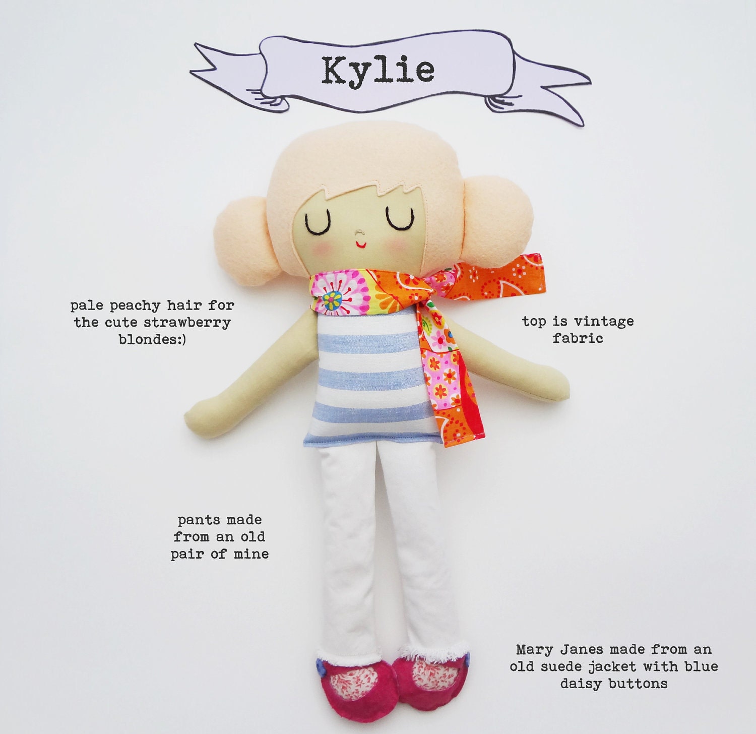 Kylie cloth doll rag doll one of a kind doll strawberry blonde stripes girl gift eco friendly