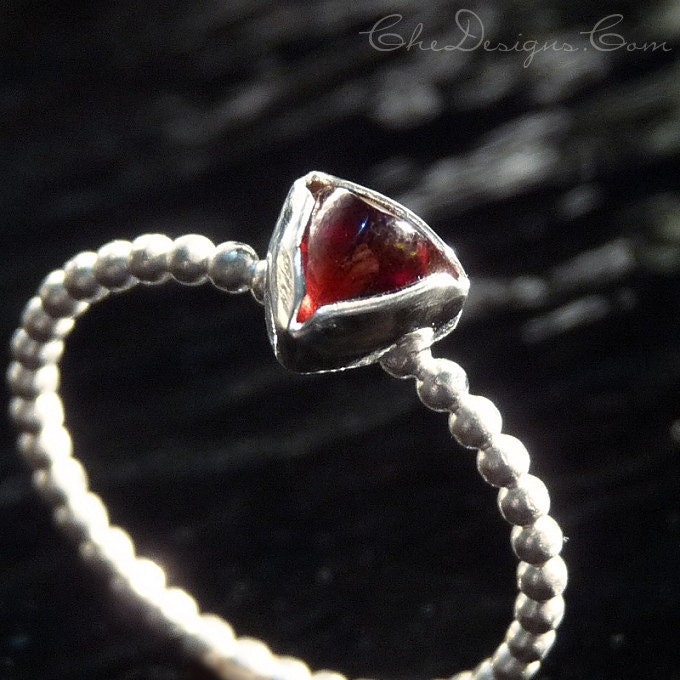 Trillion Garnet Cabochon Handmade Stacking Ring.  Sterling Silver, Size 6
