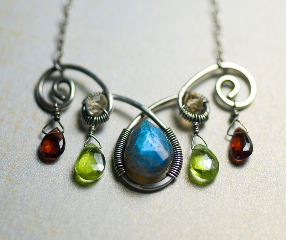 Labradorite Necklace, Gemstone Sterling Silver Spiral Pendant Necklace - Blue Fire Labradorite, Peridot, Garnet, Citrine, Heart - "Claret"