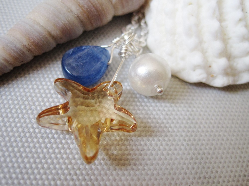 Golden Shadow Swarovski Crystal Starfish with Glass Pearl and Kyanite - Necklace