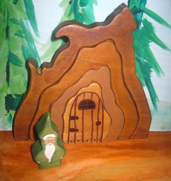 TREE HOUSE with GNOME natural wooden toy figure handmade wood forest elf