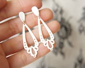 LINGERIE DANGLE LONG Earrings - Sterling Silver - Handmade by Gemagenta - Black or White - Wedding, Romantic, Lace, Light, Heart