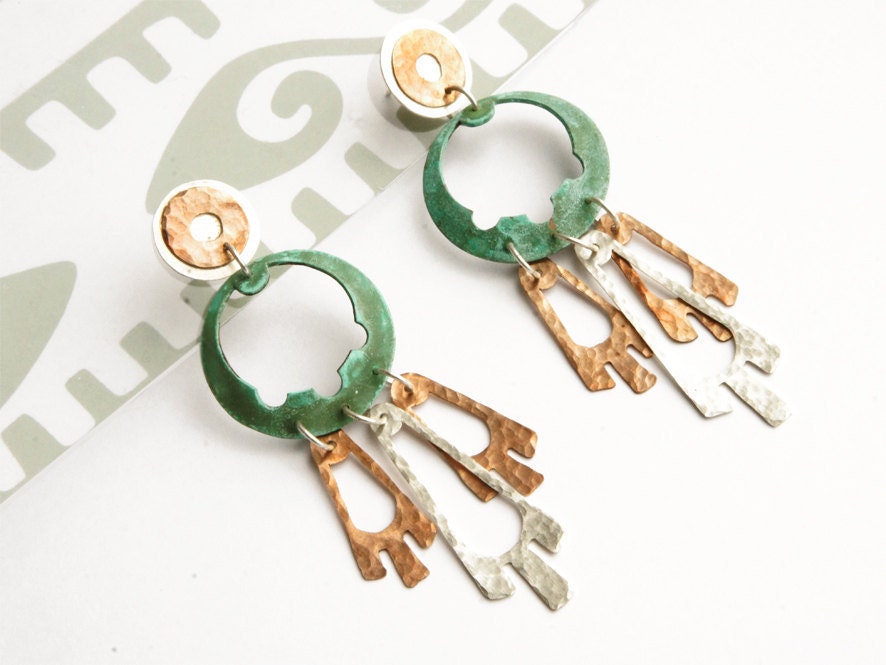 LONG QUETZAL EARRINGS by Gemagenta - Handcrafted in Silver 925 and Hammered Copper with green patina - Bohemian, Aztec, Tribal