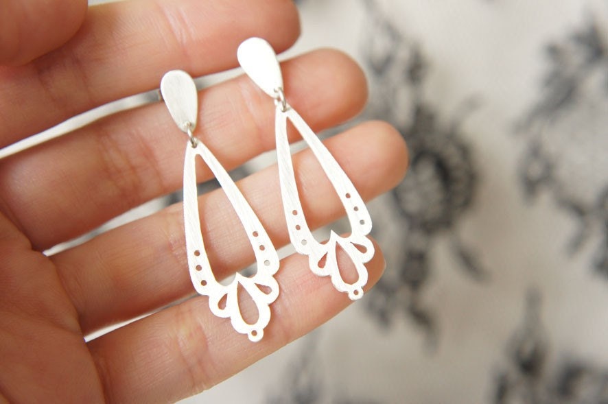 LINGERIE DANGLE LONG Earrings - Sterling Silver - Handmade by Gemagenta - Black or White - Wedding, Romantic, Lace, Light, Heart