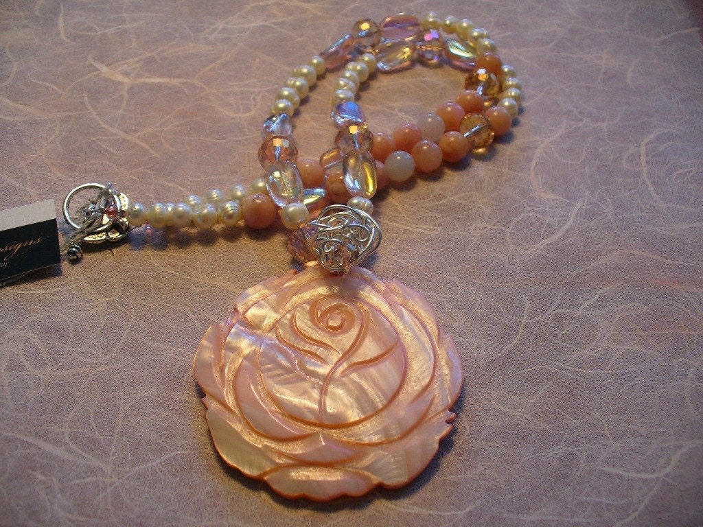Necklace Pendant Pink Rose Shell, Peruvian Opals, Crystals &  Freshwater Pearls