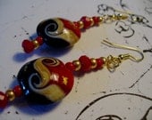 Lampwork Red, Black, Tan, & Gold Swirl with Crystals Earrings