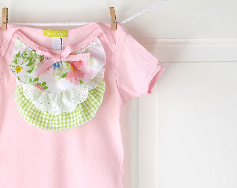 Pink Ruffle Onesie- Pastels on White Vintage Floral-  6m 12m 18m- Baby Shower Gift- Children Spring Fashion- Ecofriendly