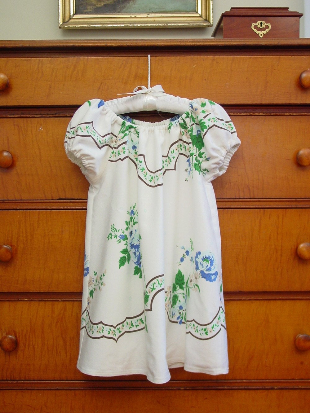 3T Recycled Vintage Tablecoth Dress- Heirlooom Little Girl Dress- Cream B lue & Green Floral- Recycled- Ecofriendly