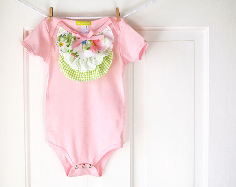 Pink Ruffle Onesie- Pastels on White Vintage Floral-  6m 12m 18m- Baby Shower Gift- Children Spring Fashion- Ecofriendly
