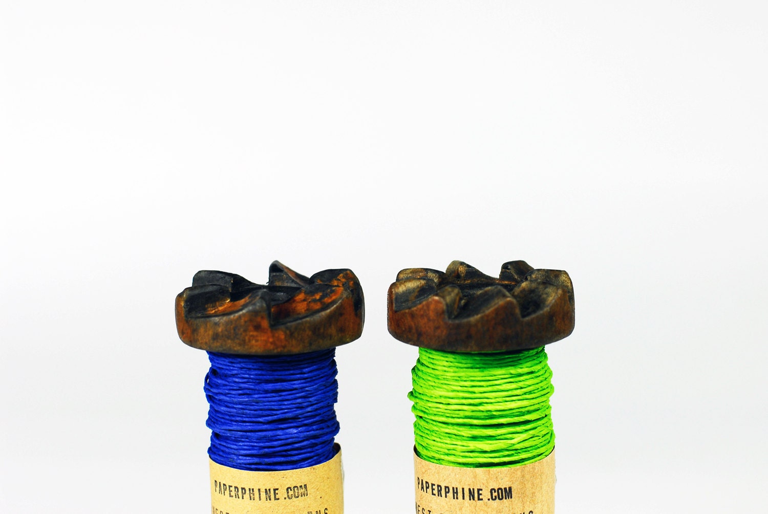 Fresh Green Paper Twine on an Old Wooden Braider's Bobbin / Lime Green Paper String