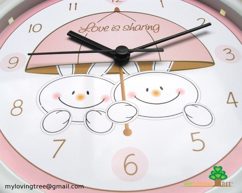 Personalized PINK Wall Clock for baby nursery or kids (Quiet Sweep) - Bouncy the Bunny Rabbit