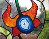Colorful Stained Glass Panel Tropical Flowers Agate Geode Red Blue Green Handmade OOAK