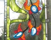 Colorful Stained Glass Panel Tropical Flowers Agate Geode Red Blue Green Handmade OOAK