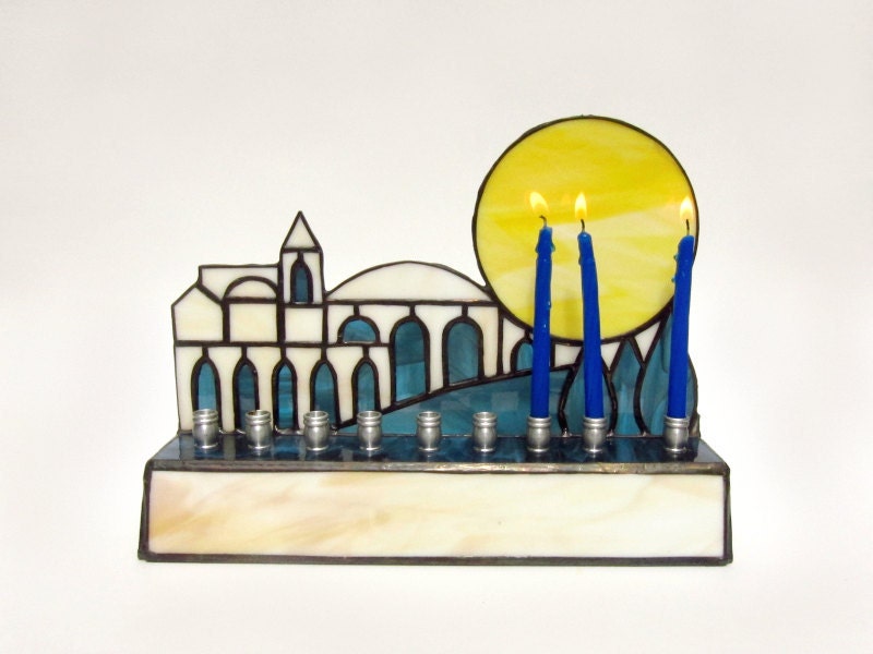 Hanukkah Menorah Stained Glass Judaica Candle Holder Handmade OOAK