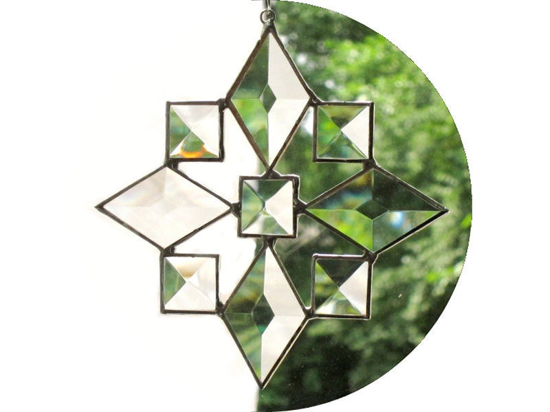 Beveled Stained Glass Star Suncatcher Star Snowflake Christmas Ornament (9bv) Handmade OOAK