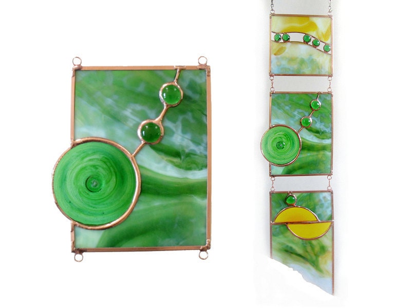 Green Stained Glass Panel Geometric Green Stained Glass Window Panel Handmade OOAK