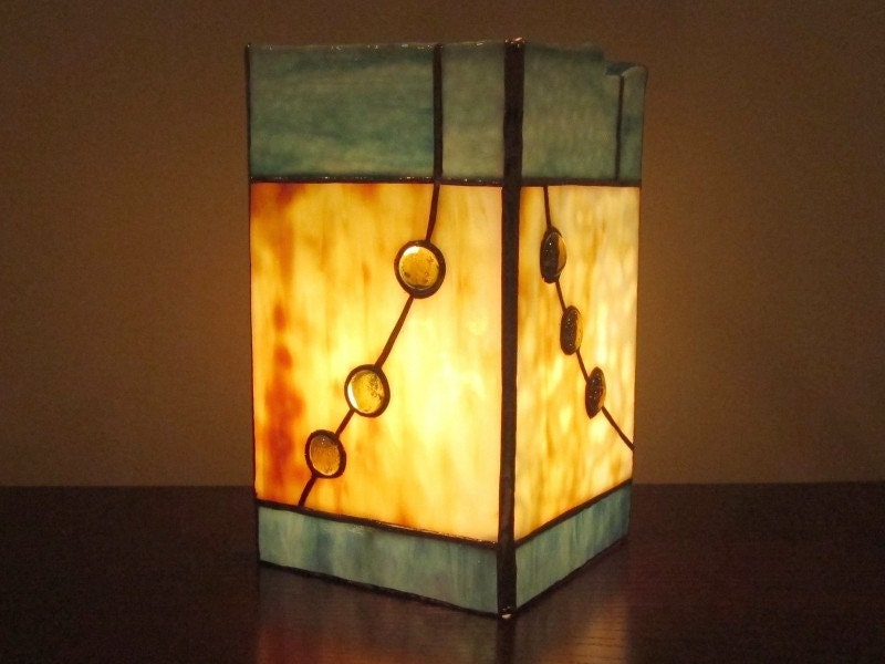 Stained Glass Lamp Blue Beige Gold Column - Moonscape - Handmade OOAK