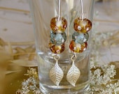 Long Dangling Lampwork Earrings, Handmade Gray Amber Lampwork Glass Beads Earrings, Sterling Silver Hooks, Jewelry Gift