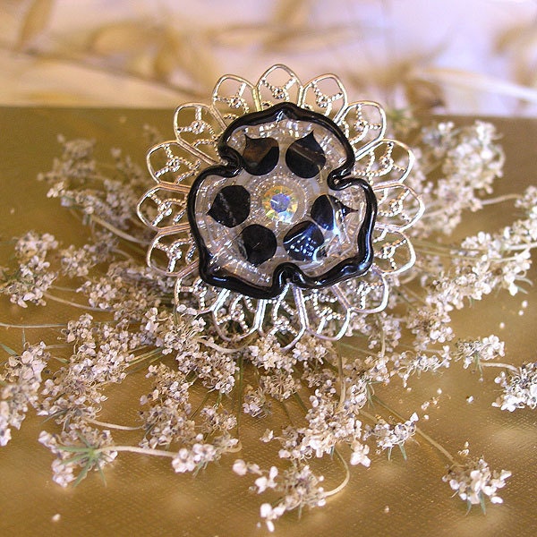 Black Flower Ring, Handmade Ring,  Lampwork  Ring, Flower Glass Bead Ring, OOAK