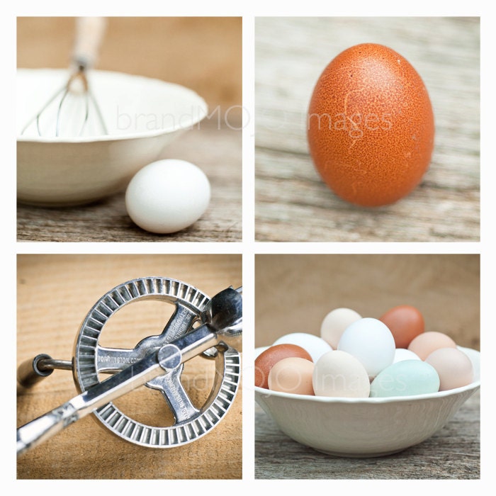 SALE Set of 4 Rustic Farm House Decor Images eggs kitchen fresh whisk beater brown white tan chicken hen bake vintage fine art photos 5x5