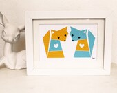 Mini Print - Fox Pair (aqua)