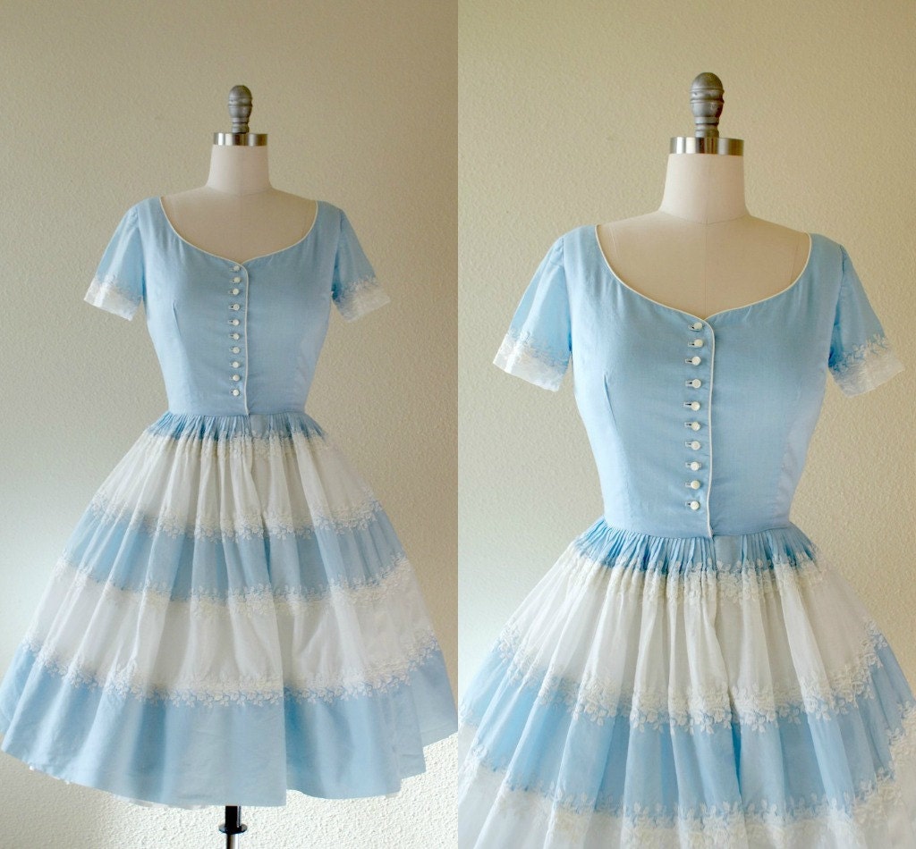 Vintage 1950s Dress -- Blue and White Cotton Organdy -- Falling in Love