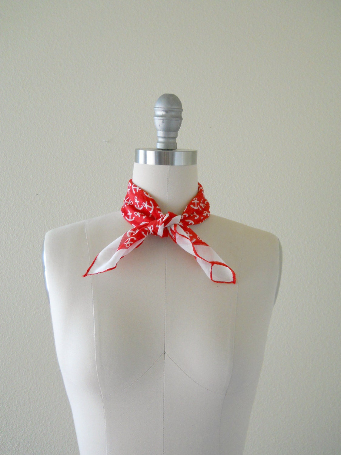 Vintage Scarf -- Red Cotton Anchor Print Neck Tie Head Scarf -- Nautical Summer