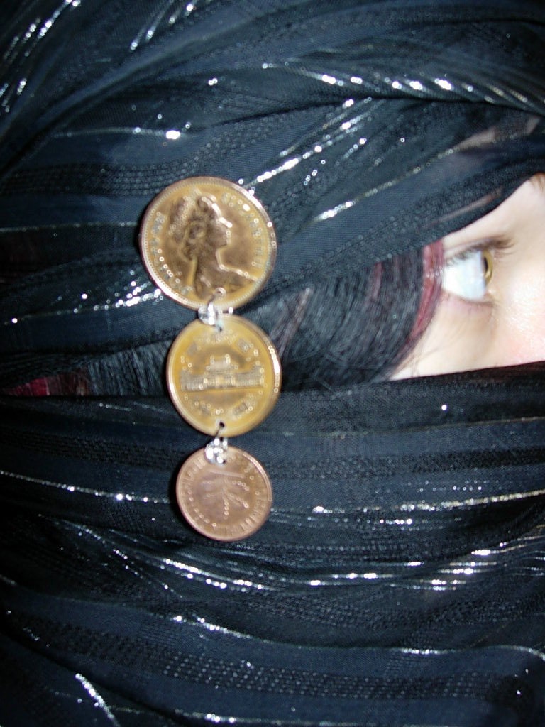 Belly dance brooch. Triple coins in copper colors.