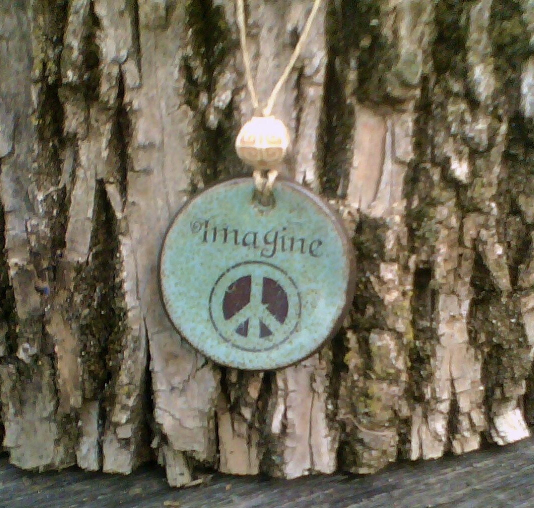 IMAGINE PEACE Ceramic Pendant with Peace Symbol - Robins Egg Green Blue, Chocolate Brown